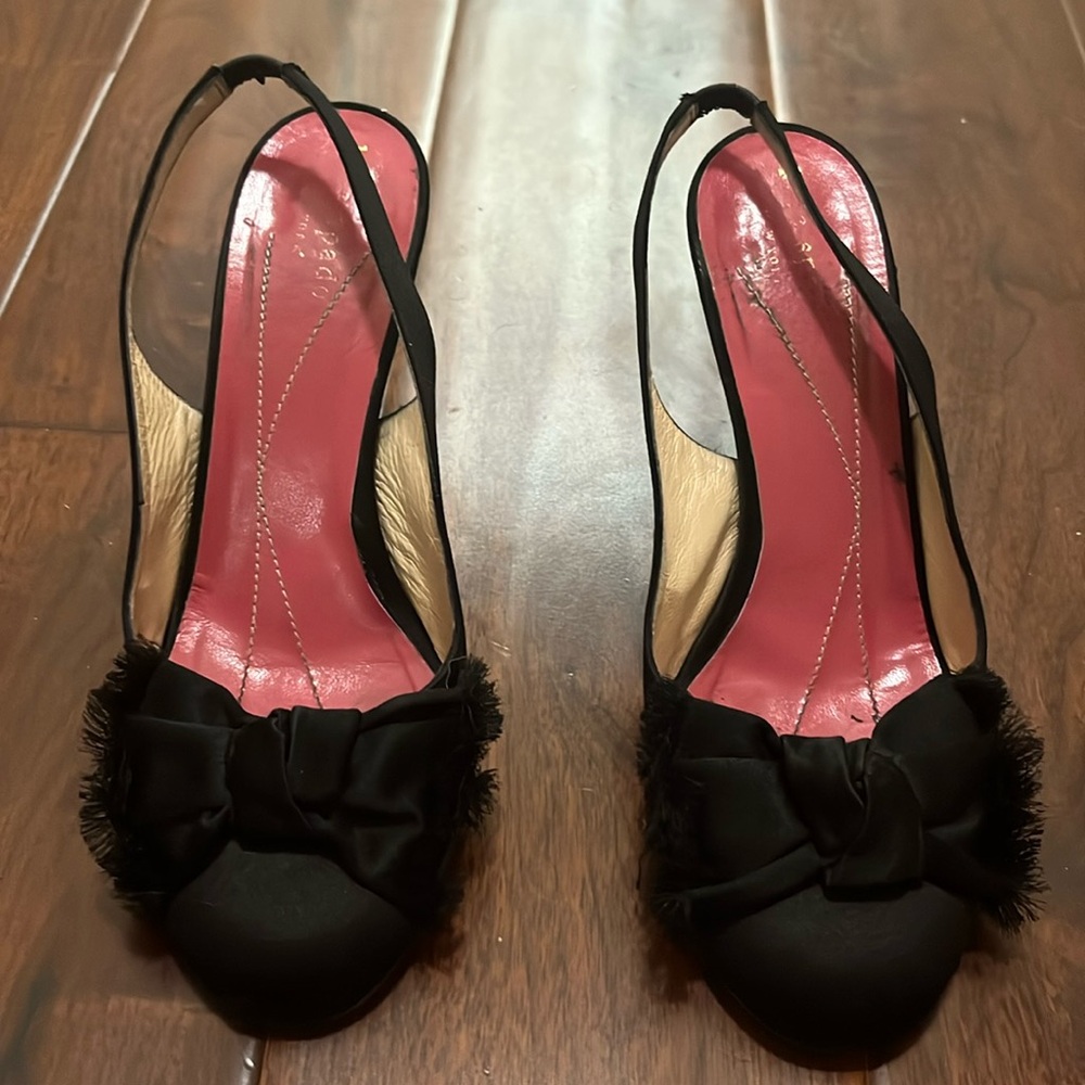 Kate Spade Sz 6 Black Satin Slingback Heels, Round Toe with Bow